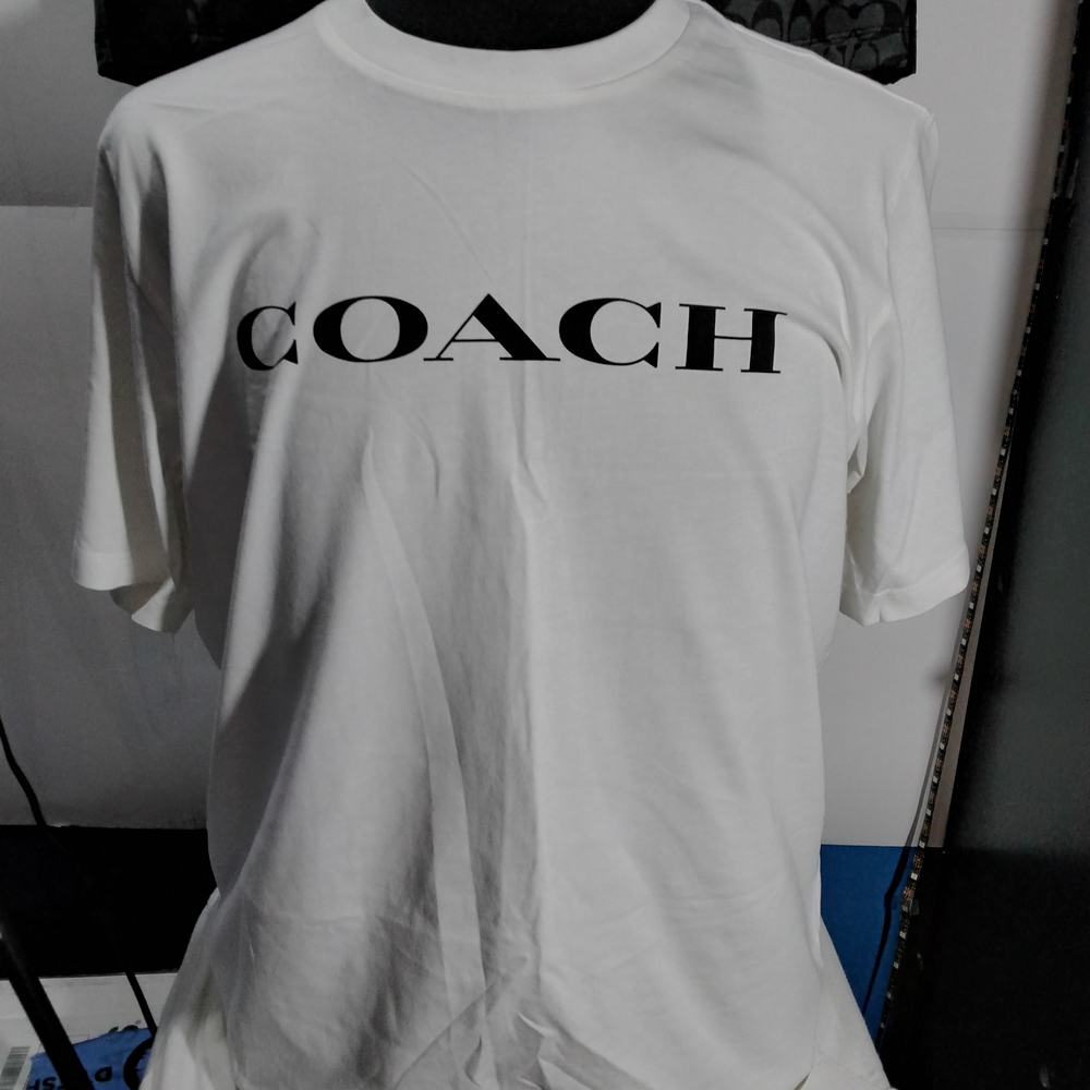 Coach White Short-Sleeve Logo Tee with Black Lettering